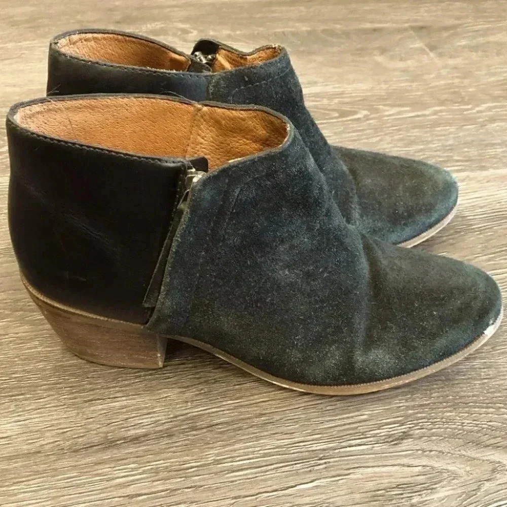 Madewell The Cait Black Leather Suede Ankle Booties Block Heel: 7.5